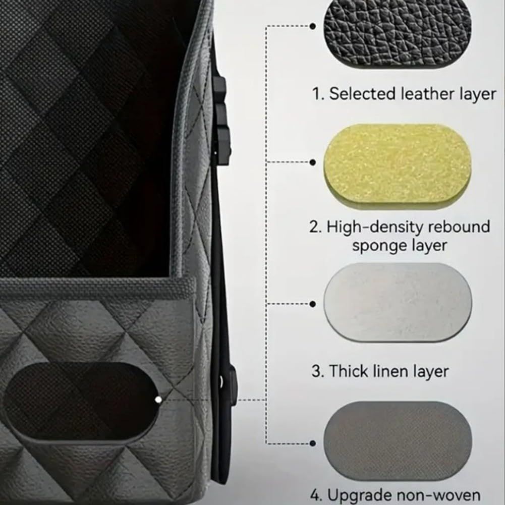 Multifunctional Quilted Leather Car Between-Seat Organizer with Adjustable Buckles and Armrest Box Support – Large Capacity Car Interior Pocket for Handbags Phones Drinks