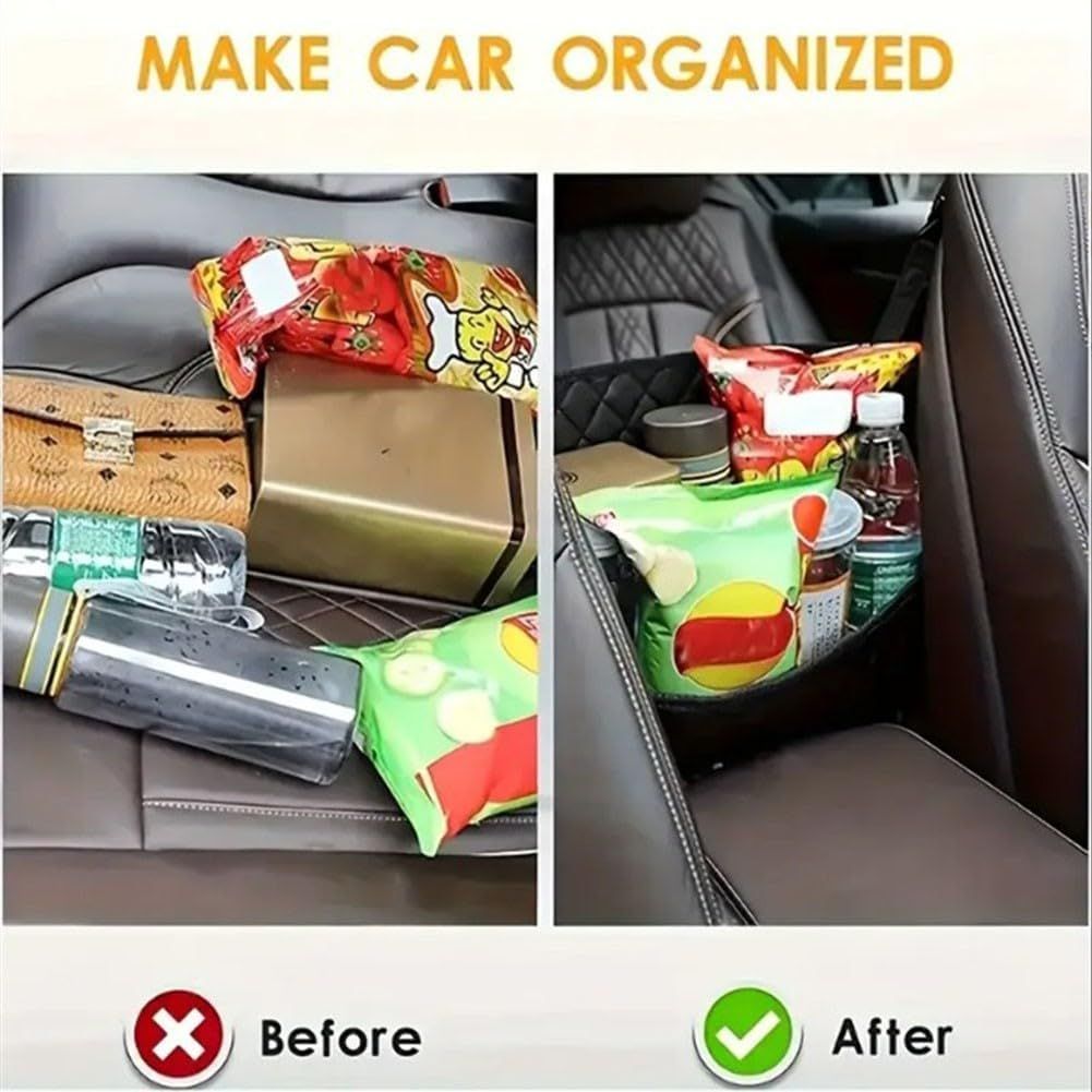 Multifunctional Quilted Leather Car Between-Seat Organizer with Adjustable Buckles and Armrest Box Support – Large Capacity Car Interior Pocket for Handbags Phones Drinks