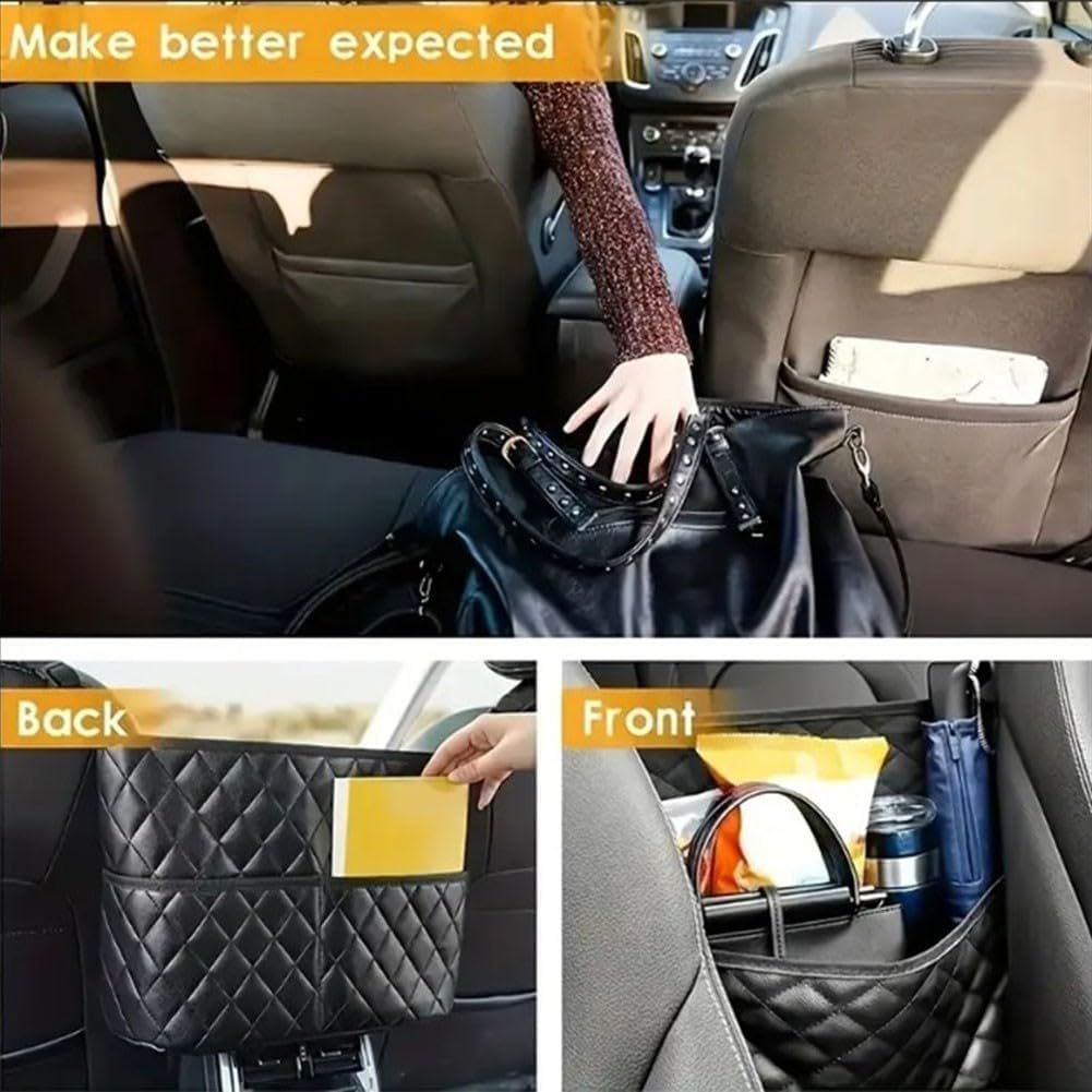 Multifunctional Quilted Leather Car Between-Seat Organizer with Adjustable Buckles and Armrest Box Support – Large Capacity Car Interior Pocket for Handbags Phones Drinks