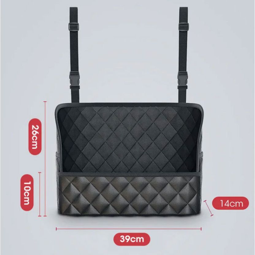Multifunctional Quilted Leather Car Between-Seat Organizer with Adjustable Buckles and Armrest Box Support – Large Capacity Car Interior Pocket for Handbags Phones Drinks