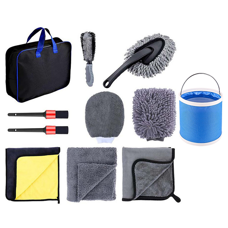 11-Piece Car Wash and Detailing Kit - 9L Blue Collapsible Oxford Fabric Bucket, Microfiber Towels, Wax Brushes, Dust Mitts for Vehicle Cleaning and Outdoor Use