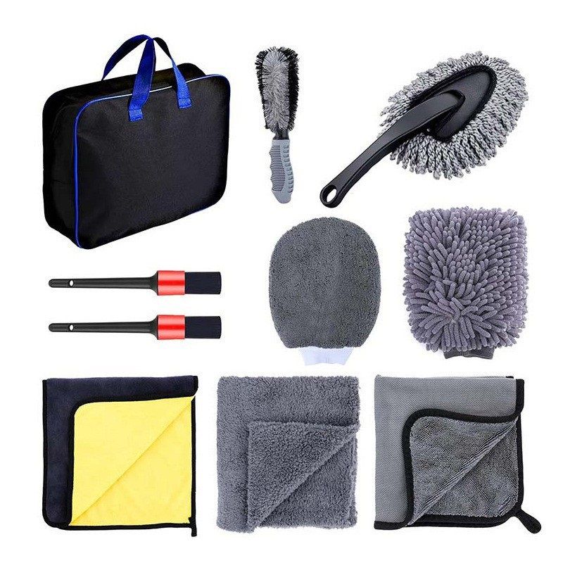 11-Piece Car Wash and Detailing Kit - 9L Blue Collapsible Oxford Fabric Bucket, Microfiber Towels, Wax Brushes, Dust Mitts for Vehicle Cleaning and Outdoor Use
