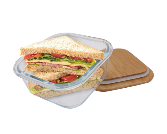 6 Pcs Medium Bamboo Food Containers – Clear Glass with Bamboo Lids