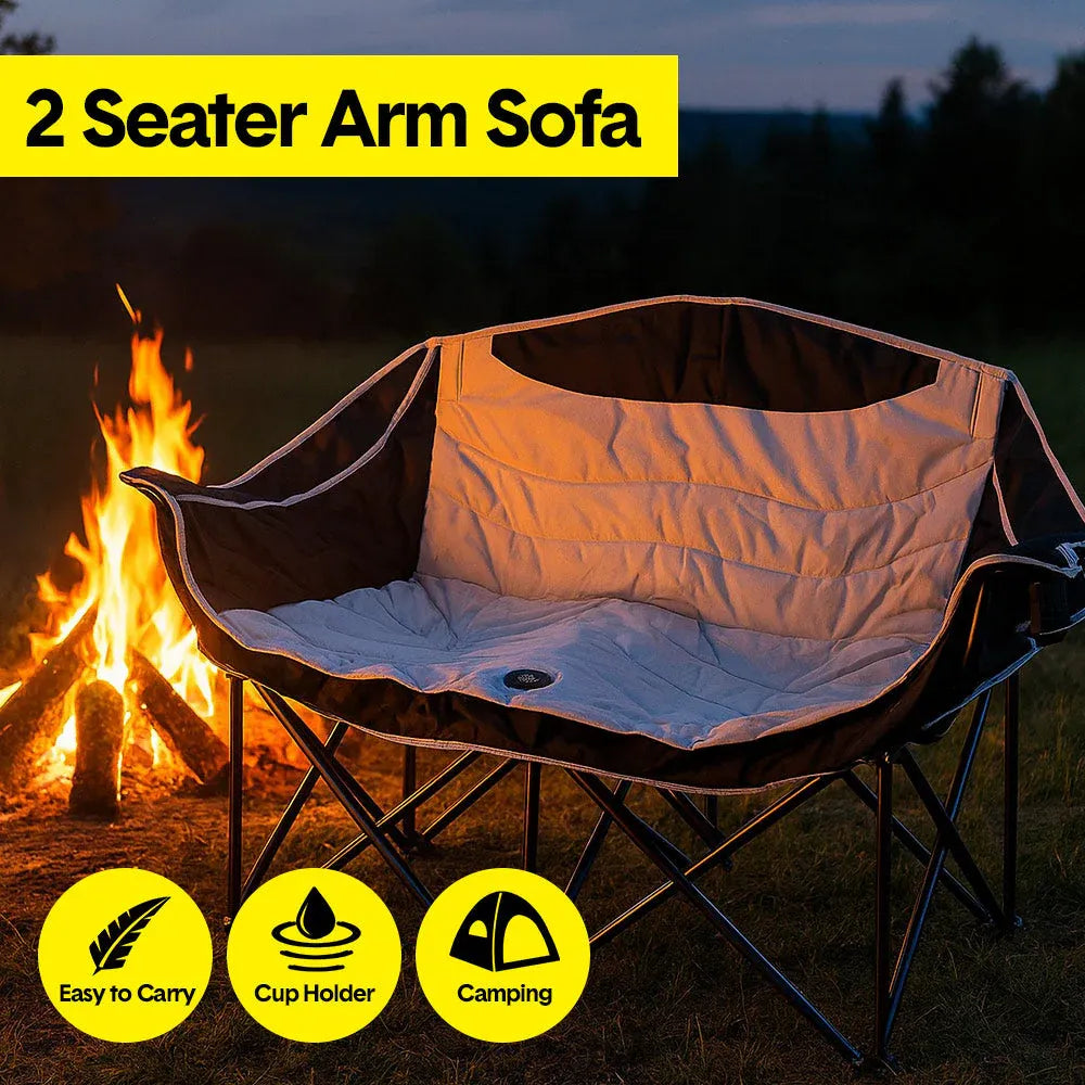 2-seater arm sofa by a campfire with features highlighted.