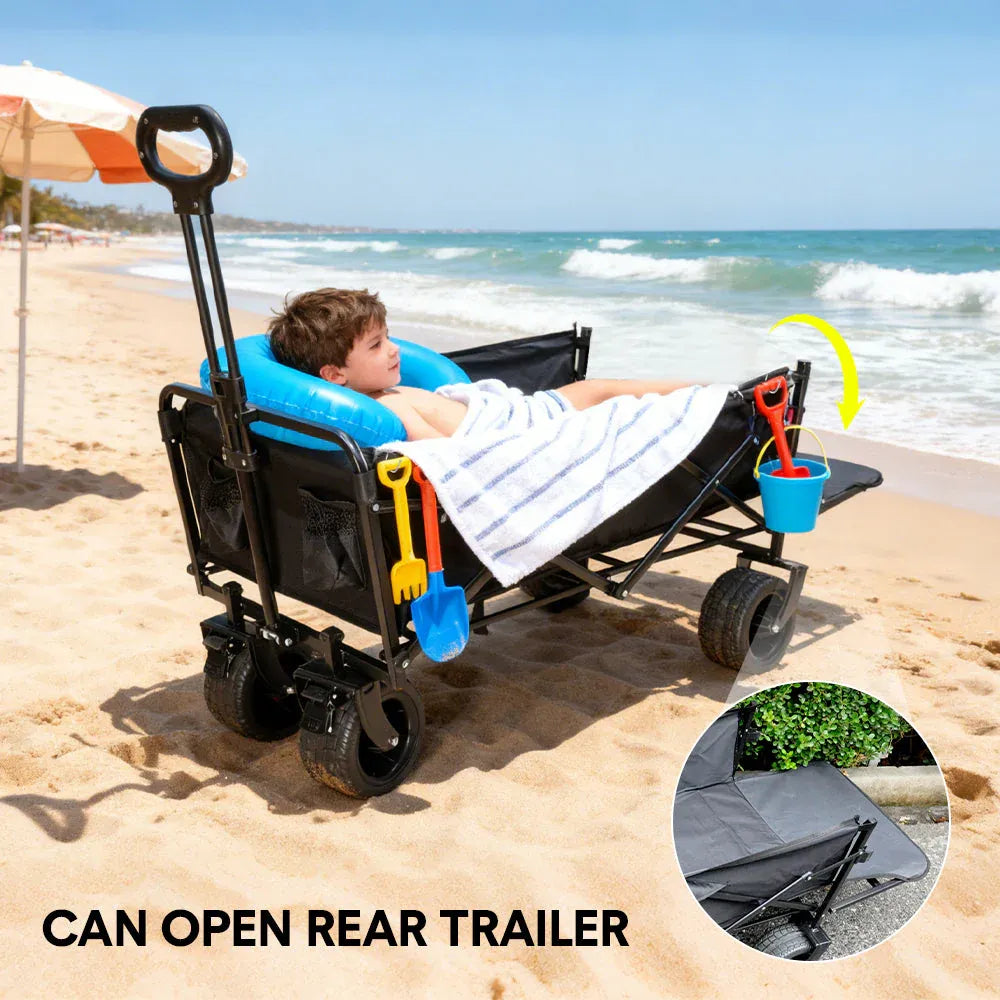 Foldable Camping Wagon 150L Portable Hand Trolley with All-Terrain Wheels and Tailgate For Outdoor Picnic Shopping Sports Max Load 200Kg Utility Cart