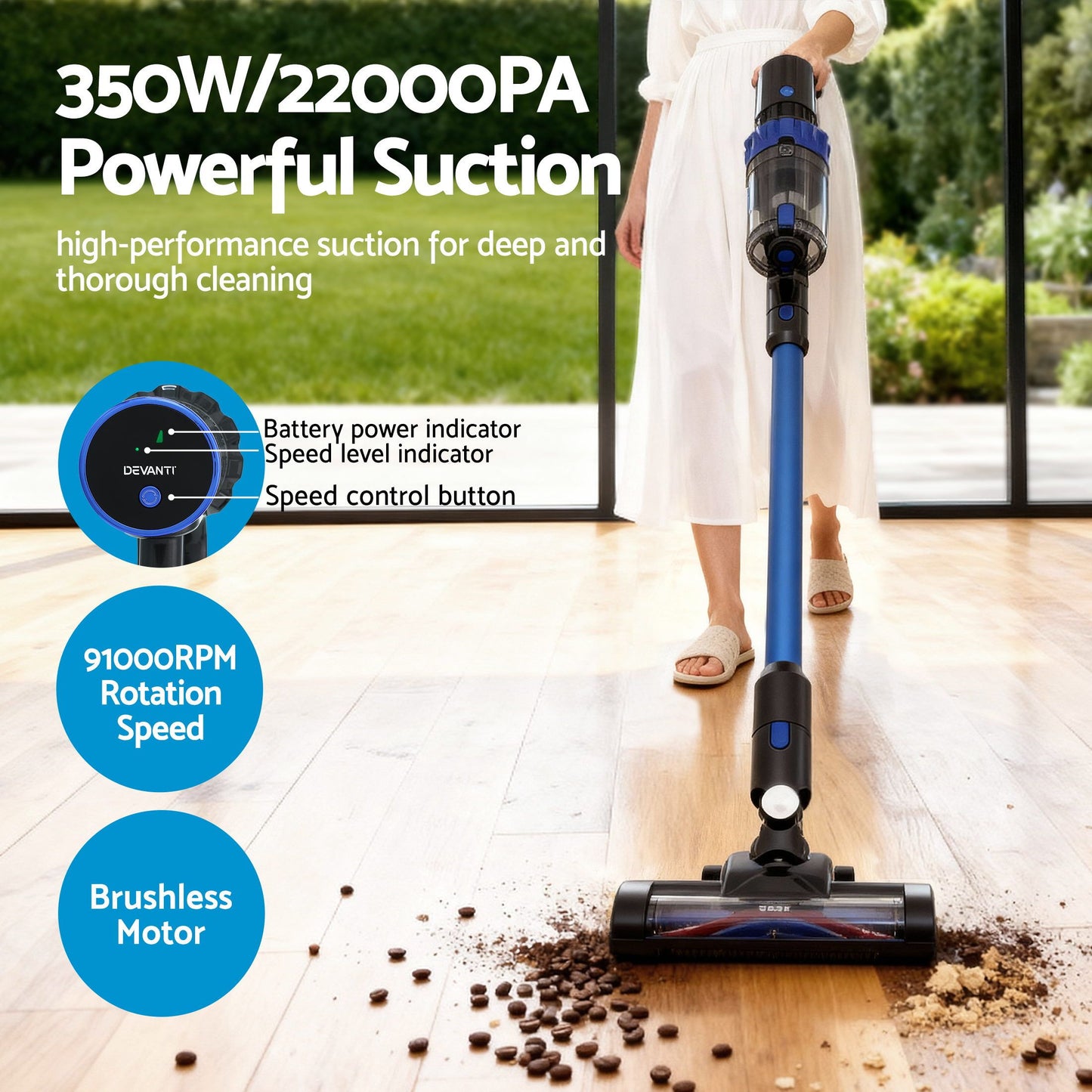 Devanti Stick Vacuum Cleaner Brushless Cordless 350W Blue