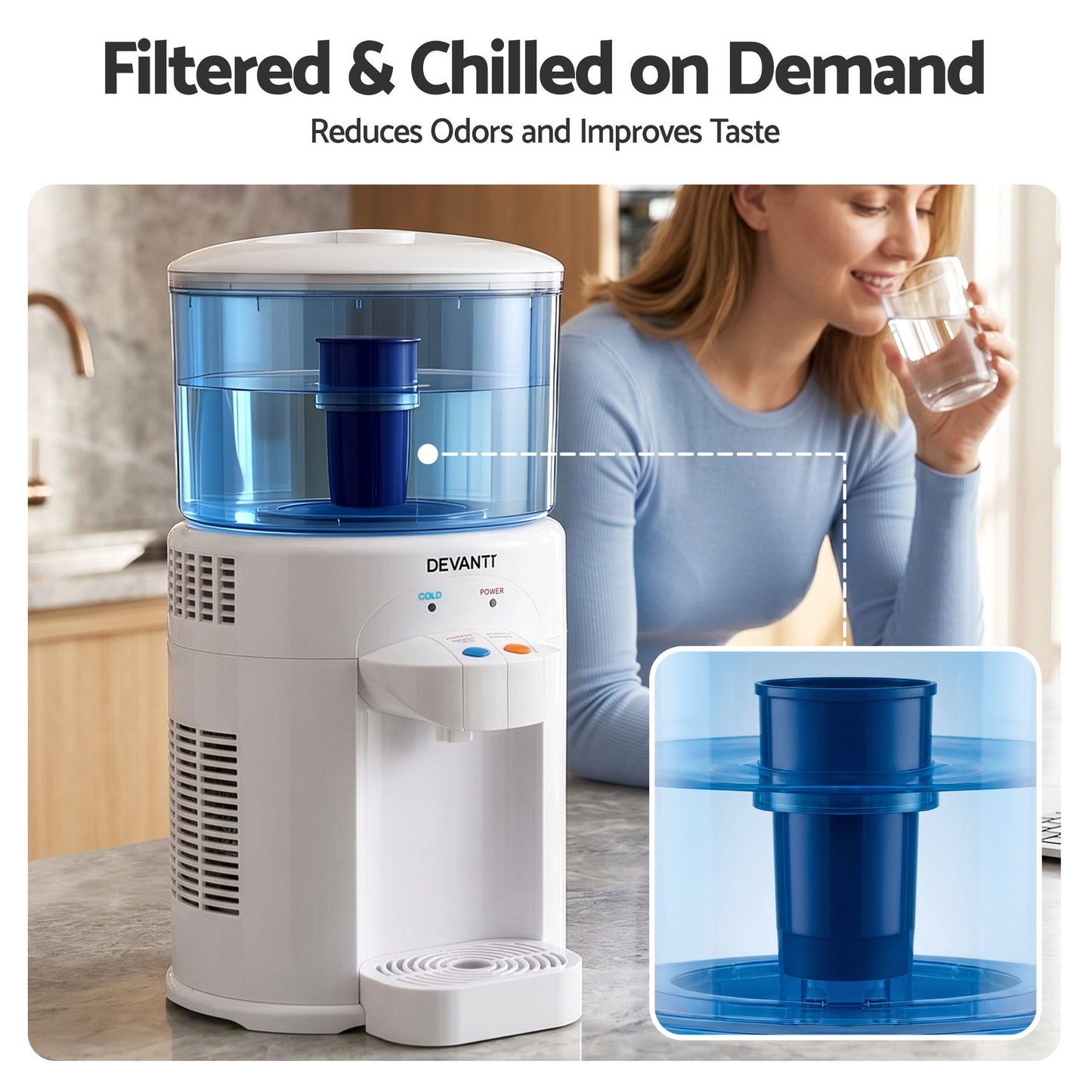 Devanti 5L Bench Top Water Cooler Dispenser with Filter 2 Taps Countertop Water Purifier