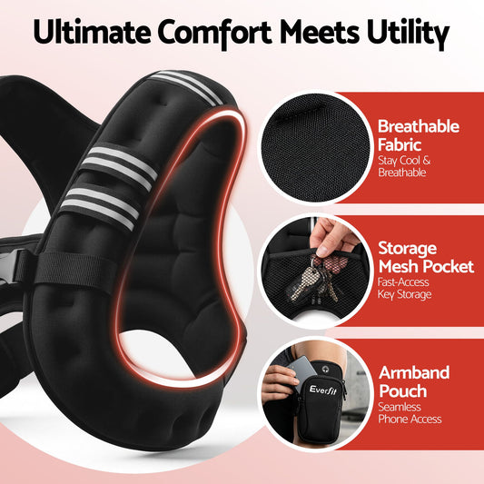 Everfit 3kg Weighted Vest Men Women, Reflective Running Vest with Armband Pouch