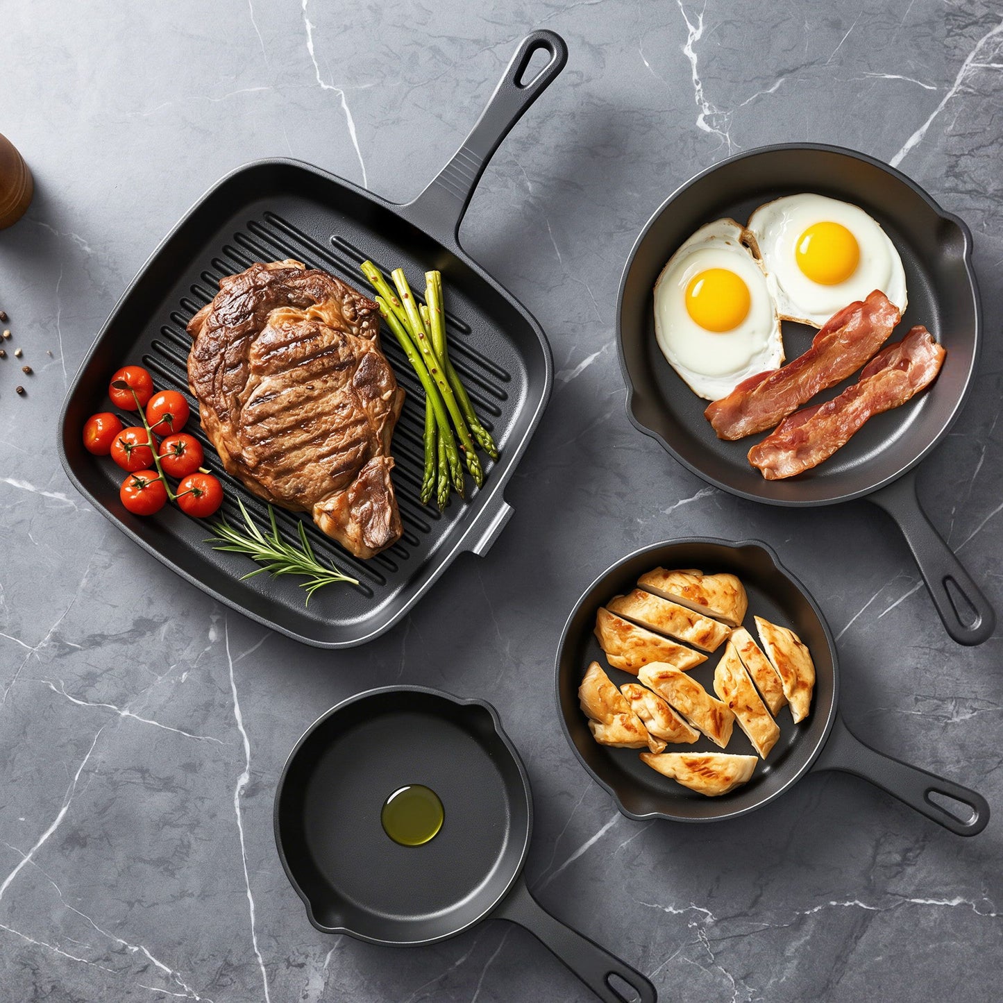 5-Star Chef Cast Iron Fry Pan Skillet Cookware Set Induction Black 14/16/20/24cm