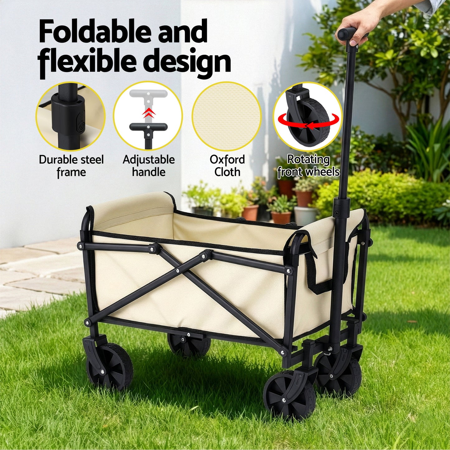 Gardeon Garden Cart Folding Trolley Camping Wagon Barrow Outdoor Beach Beige