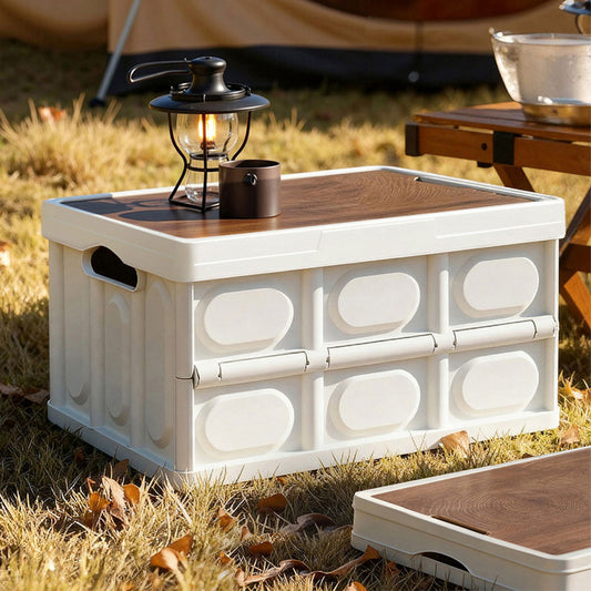 Gardeon Collapsible Outdoor Storage Box 50L Stackable Folding Camping Organizer Plywood Lid Beige