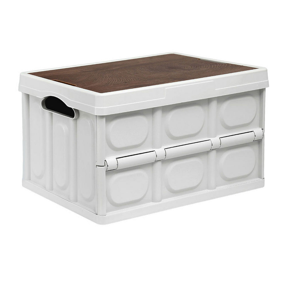 Gardeon Collapsible Outdoor Storage Box 50L Stackable Folding Camping Organizer Plywood Lid Beige